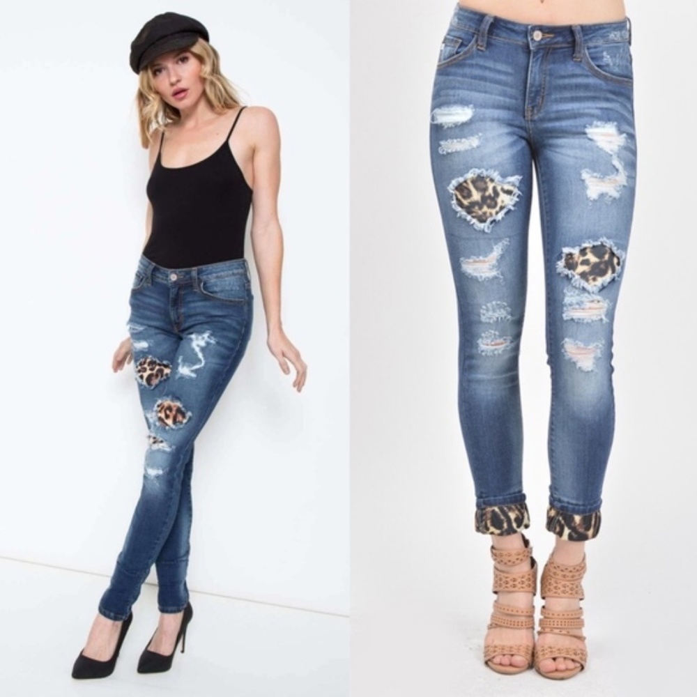 Kancan Mid Rise Leopard Patch Ankle Skinny - Picture 1 of 6
